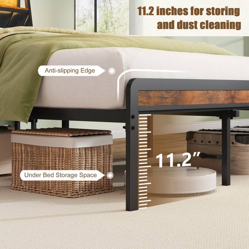 Metal Platform Bed Frame with 105掳 Tilted Leather Backrest Headboard, LED Lighting, Charging Station, Noise-Free, Antique Brown