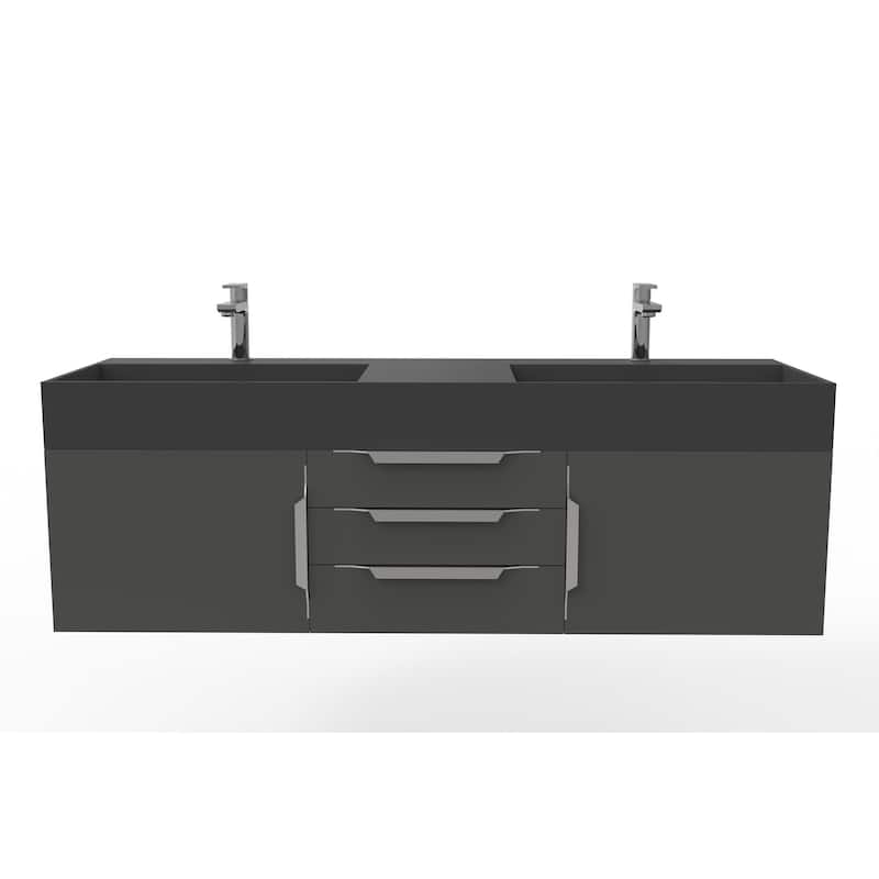 Amazon 60" Wall Mounted Bathroom Vanity Set w/ Black Top