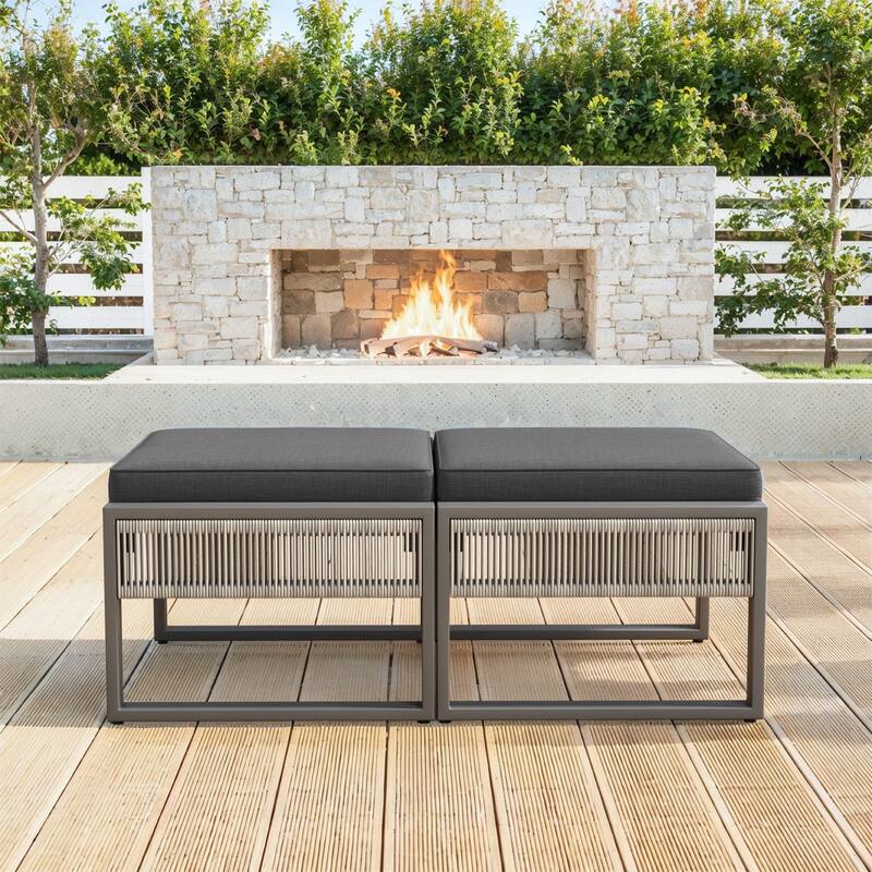 Gymojoy Outdoor Wicker Ottomans, Weatherproof Footstools with Cushions