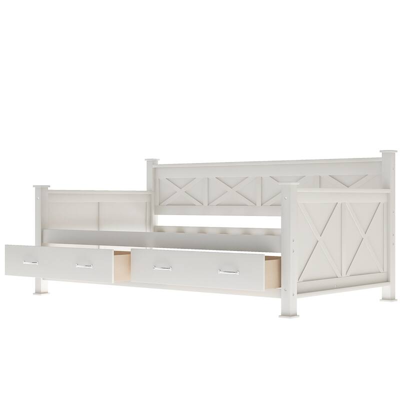Twin Size Daybed with X-shaped Pattern & 2 Storage Drawers, Cream White