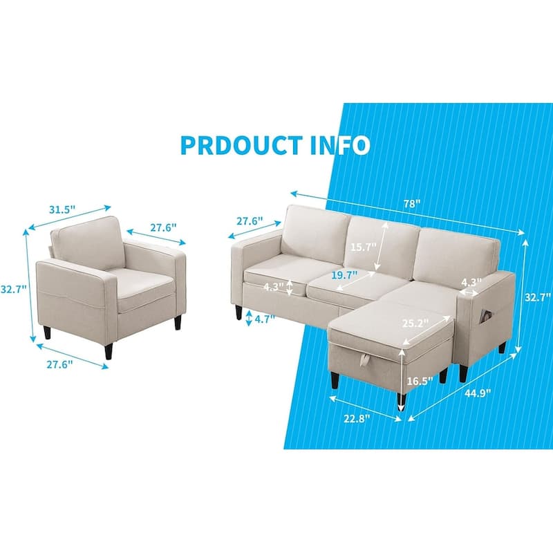 Mixoy Convertible Living Room Furniture Set-Single Sofa/Loveseat/3-Seat Sofa with Ottoman for DIY Combination