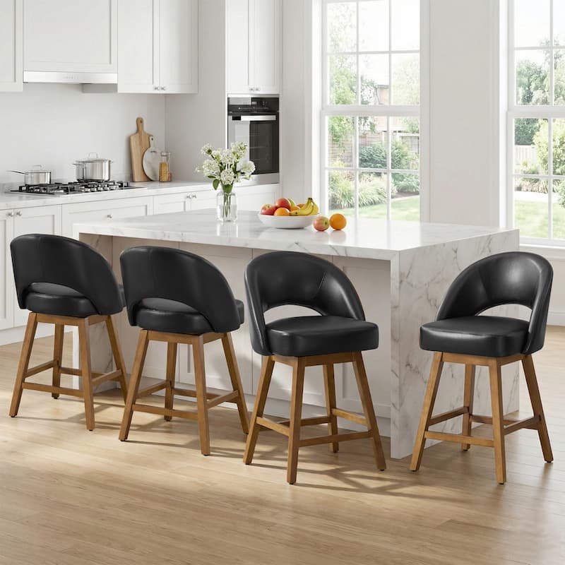 Upholstered Swivel Counter Height Bar Stools with Cutout Back and Solid Wood Frame - 38.2"H x 22.1"W x 23.6"D - Set of 4 - Black