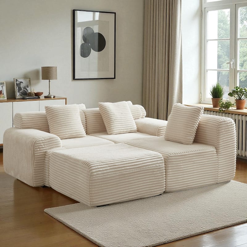 114" Corduroy Modular Sectional Sofa, Boneless Design with 4 Configurable Modules, Wide Backrest & 3 Pillows, No Assembly