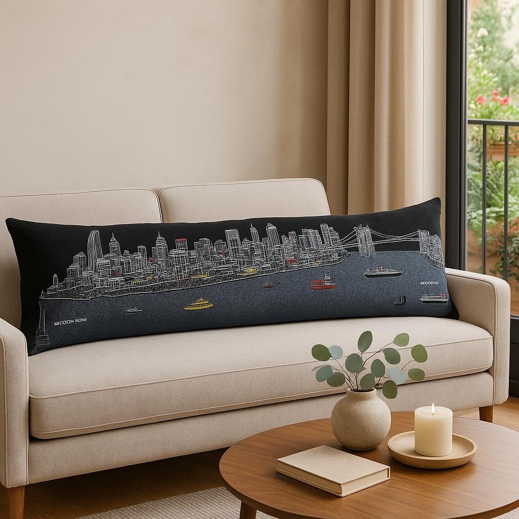 HomeRoots 14" X 46" Dark Gray And White NYC Nighttime Skyline Lumbar Decorative Pillow