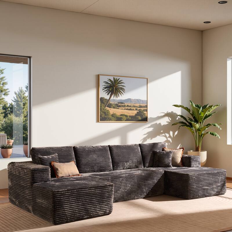 HOOOWOOO U-Shaped Plush Corduroy Modular Sectional Sofa with Chaise Lounge - Grey