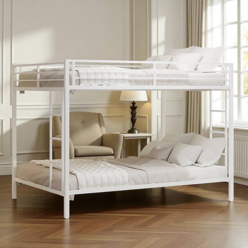 Full/Queen Metal Bunk Bed with Heavy-Duty Square Tube Frame, Dual Sleeping Areas, Space-Saving Design for Shared Rooms - White - Queen
