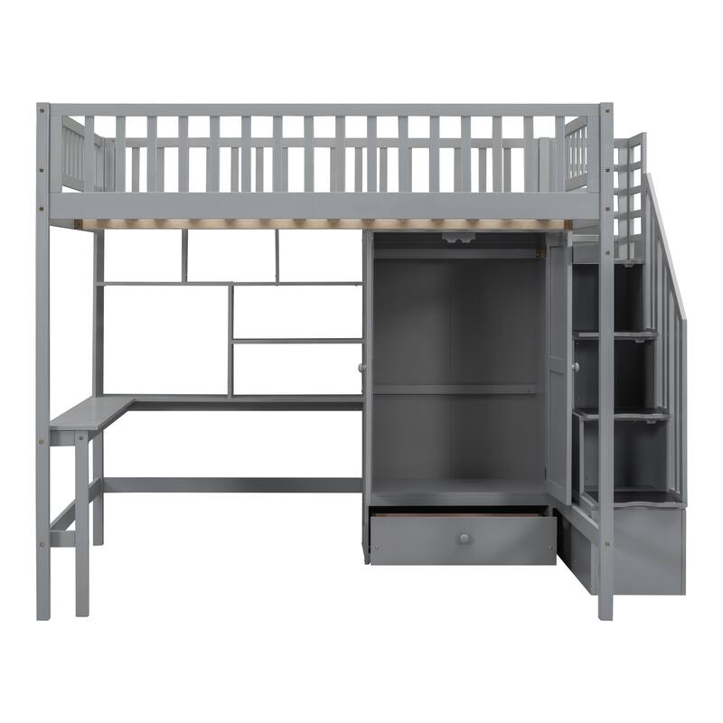 Full Size Loft Bed with Built-in Bookshelf, Drawers, Desk and Wardrobe in Gray