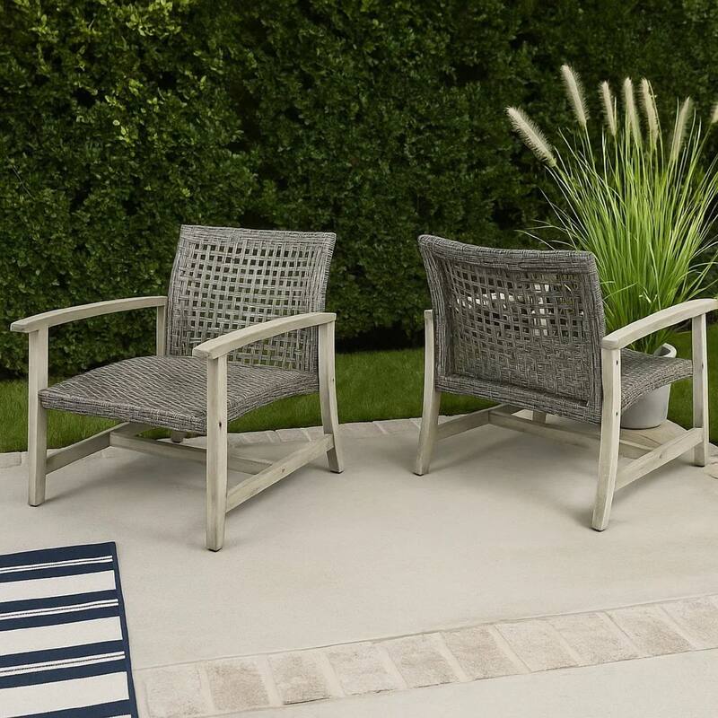 Bops Outdoor Club Chair Set of 2, Graywash Acacia Wood, Gray Wicker