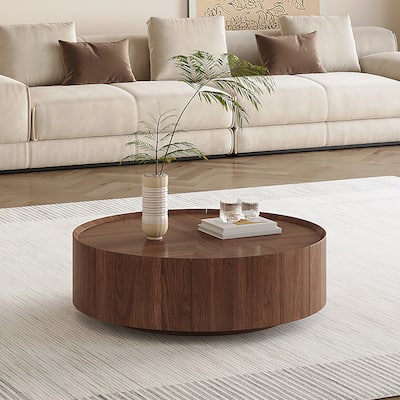 Crantor Round Coffee Table with 2 Storage Drawers Walnut Wood Grain Pattern Living Room Coffee Table - L 39.37'×W 39.37'×H 12.6'
