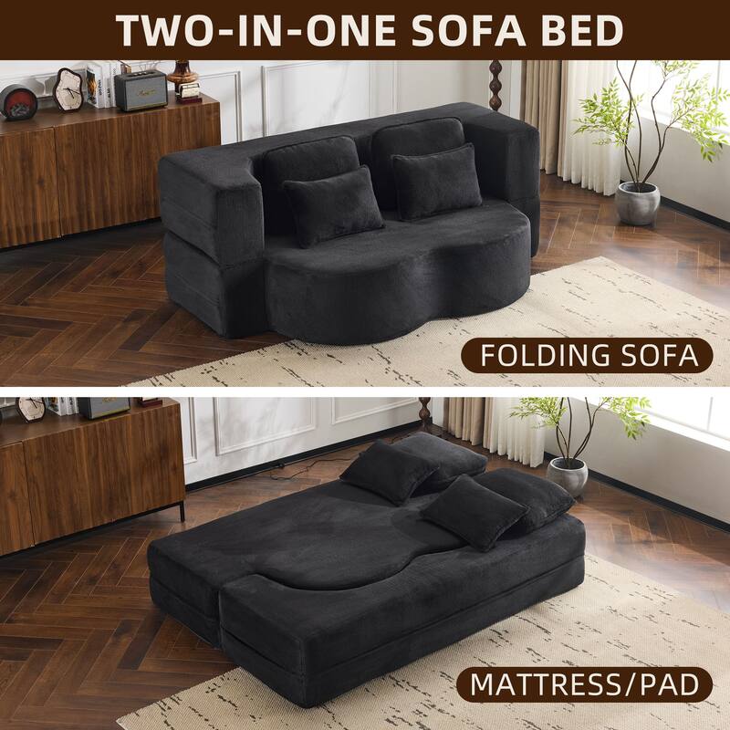 Folding Plush Futon Loveseat Couch Converts into Sleeper Sofa Bed or Yoga Mattress, High-Density Foam Queen Size Floor Bed