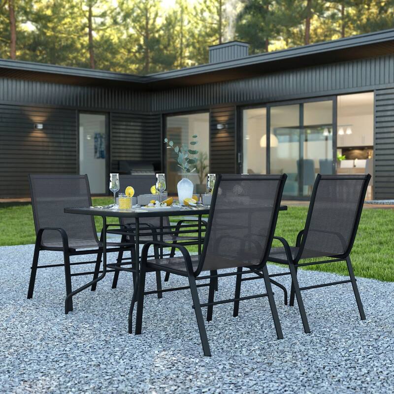 5 Piece Patio Dining Set - Glass Table, 4 Flex Stack Chairs - Black
