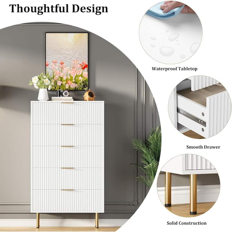 Fluted 5 Drawer Dresser for Bedroom, Wooden Chest with Wide Drawers, Modern Storage Organizer for Closet, Hallway