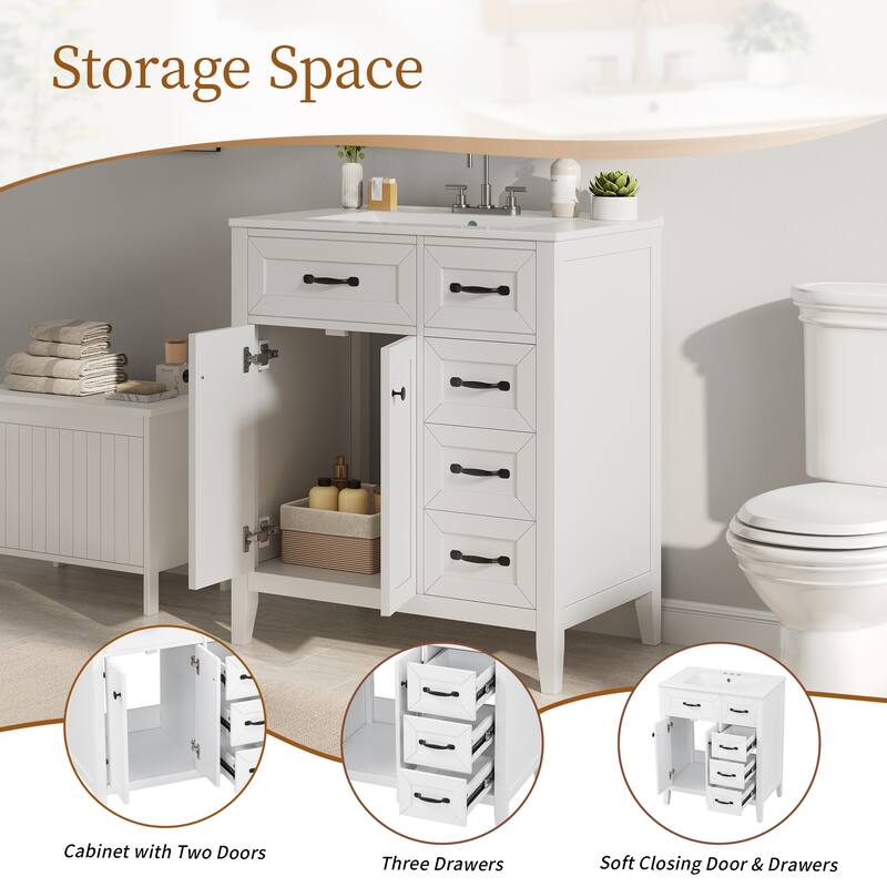 GDFStudio - Avalon Modern Freestanding Bathroom Vanity with Ceramic Sink & Soft Close Multi-Storages