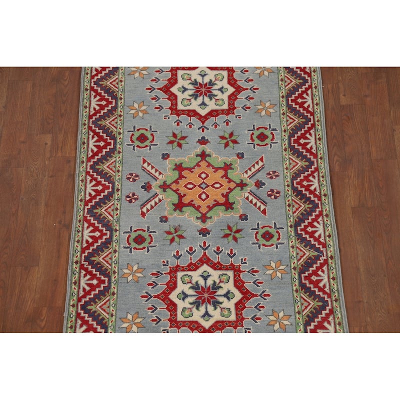 Light Blue Kazak Runner Rug Hand-Knotted Oriental Wool Carpet - 2'9" x 9'7"