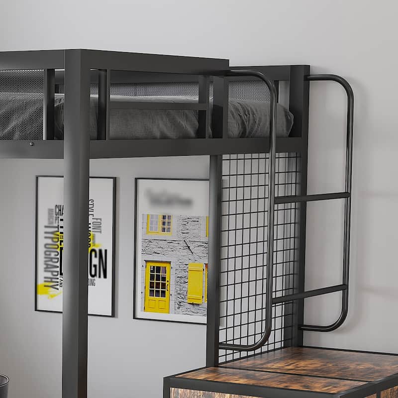 Full Loft Bed with Desk, USB Charging, Storage Drawers & Staircase - Space-Saving Black Design for Adults/Teens