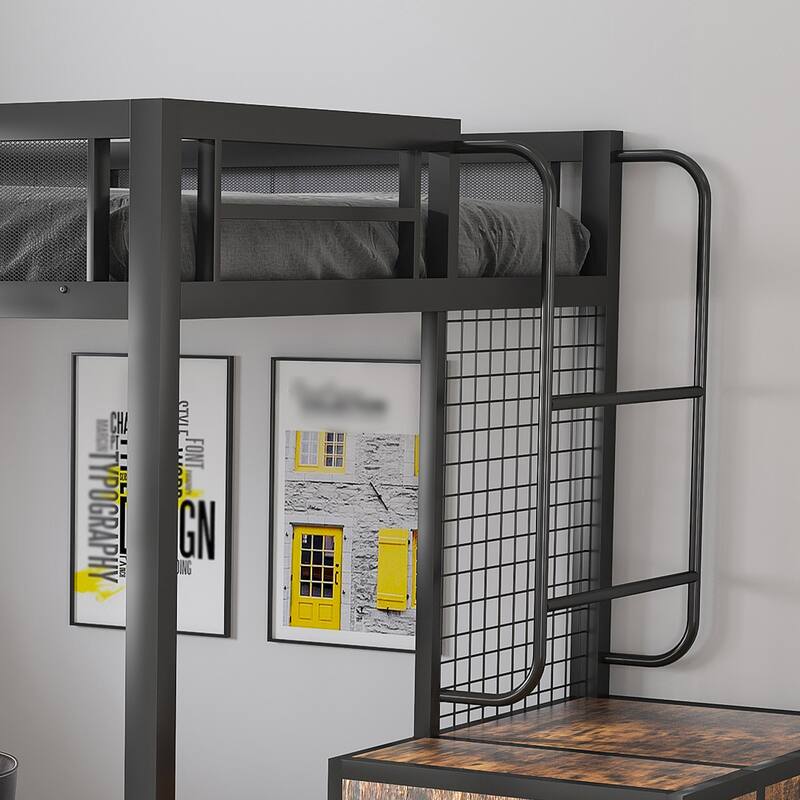 Space-Saving Full-Size Loft Bed with Desk & USB Charging, Modern Heavy Metal Bed Frame, Hidden Drawers, Staircase & Storage Rack