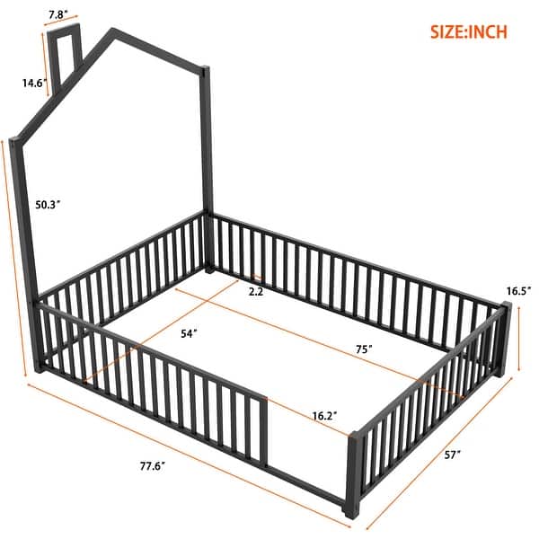 Full Size Platform Bed w/Guardrail and Chimney Design, Heavy Duty Metal House Shape Floor Bed Frame for Children, Boys and Girls