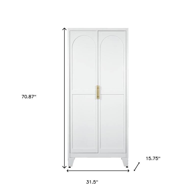 HomeRoots 71" White Steel Pantry Or Storage Closet With Arched Panel Doors - 31.50 in. x 70.87 in. x 15.75 in.