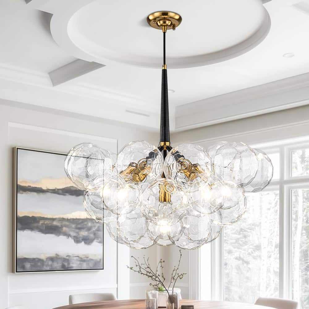 Brass 6-light Dimmable Cluster Clear Cut glass Globe Chandelier