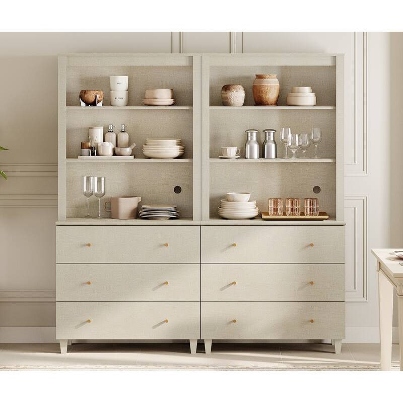 Modern 71" Tall Pantry Cabinet with Drawers & Adjustable Shelf for Kitchen - 6 Drawers - Beige Linen Printed