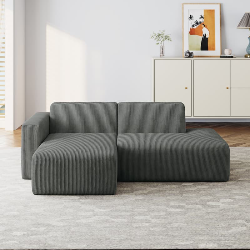 Modern Corduroy Non-Assembly L-Shaped Sectional Sofa Couch with Chaise - Grey-Left Facing - Left Facing