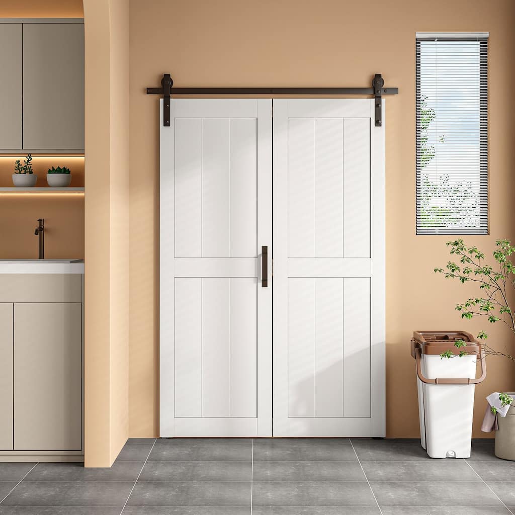 84''H Double Bifold Primed H-Frame White Sliding Barn Door Water Proof Surface With Installation Hardware Kit