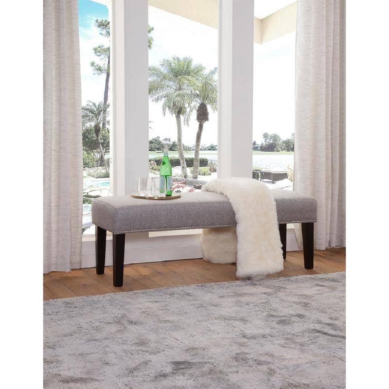 Grafton Home Miley Upholstered Accent Bench w/ Nailhead Trim - London Fog Grey/Espresso Legs