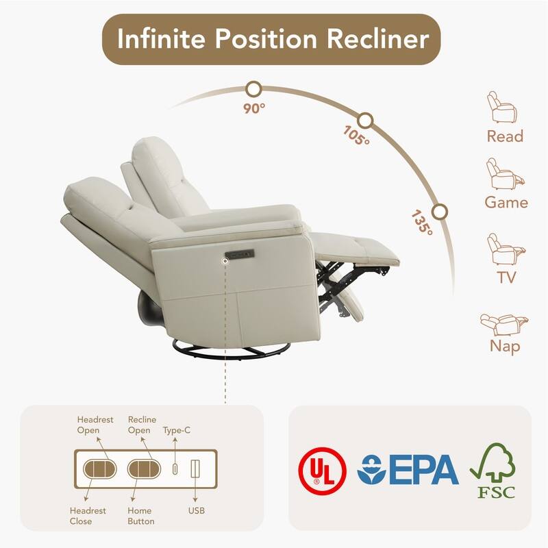 Spruce & Spring Genuine Leather Swivel Glider Recliner with Adjustable Headrest
