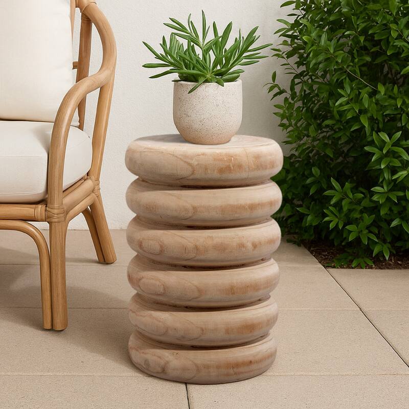 Jevy Outdoor Accent Table, 12 Inch Spiral Natural Brown Paulownia Wood