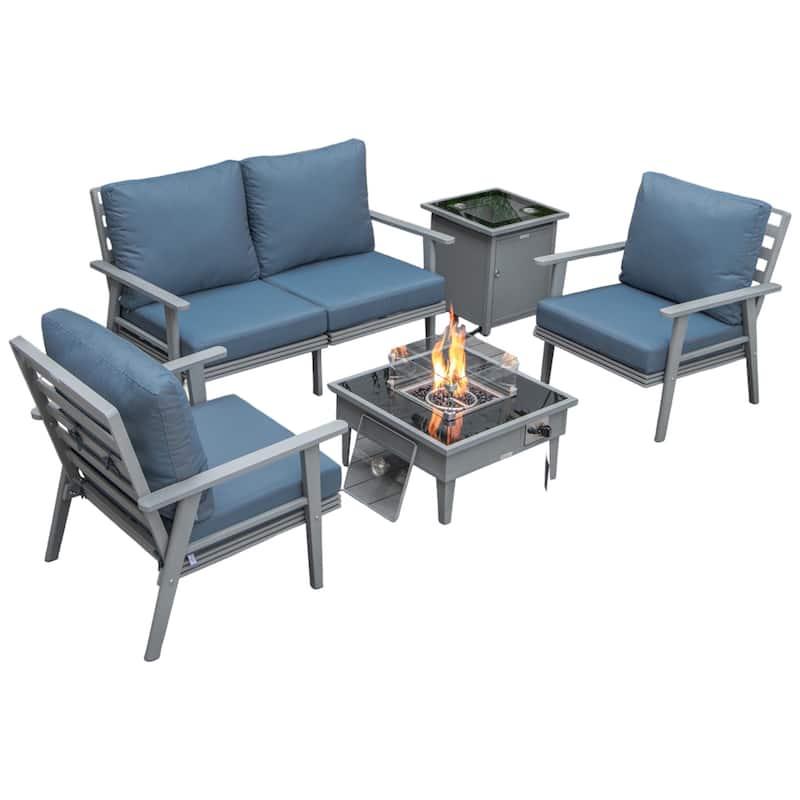 Walbrooke Modern 4-Piece Outdoor Aluminum Frame Patio Furniture Set with Propane Fire Pit Table - Navy Blue