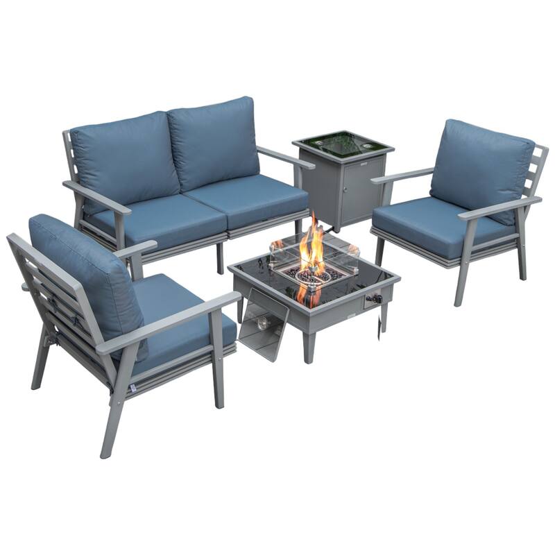 Walbrooke Modern 5-Piece Outdoor Aluminum Frame Patio Furniture Set with Propane Fire Pit Table - Navy Blue