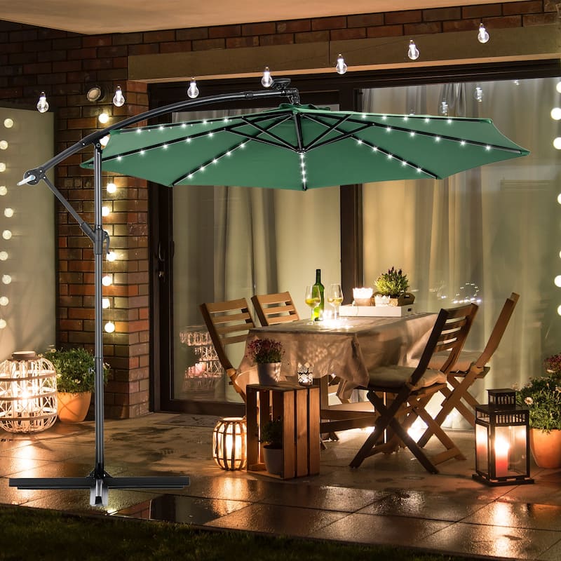 HOMEFUN 10ft Solar LED Offset Hanging Market Patio Umbrella