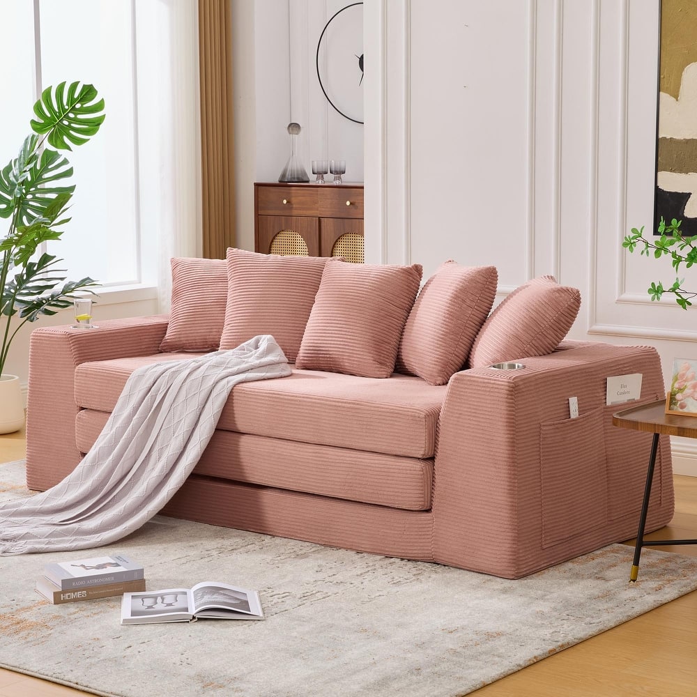Modern Convertible Loveseat Sofa Bed, Corduroy Fabric Foldable Floor Couch w/5 Pillows, Side Pockets & Cup Holders, No Assembly