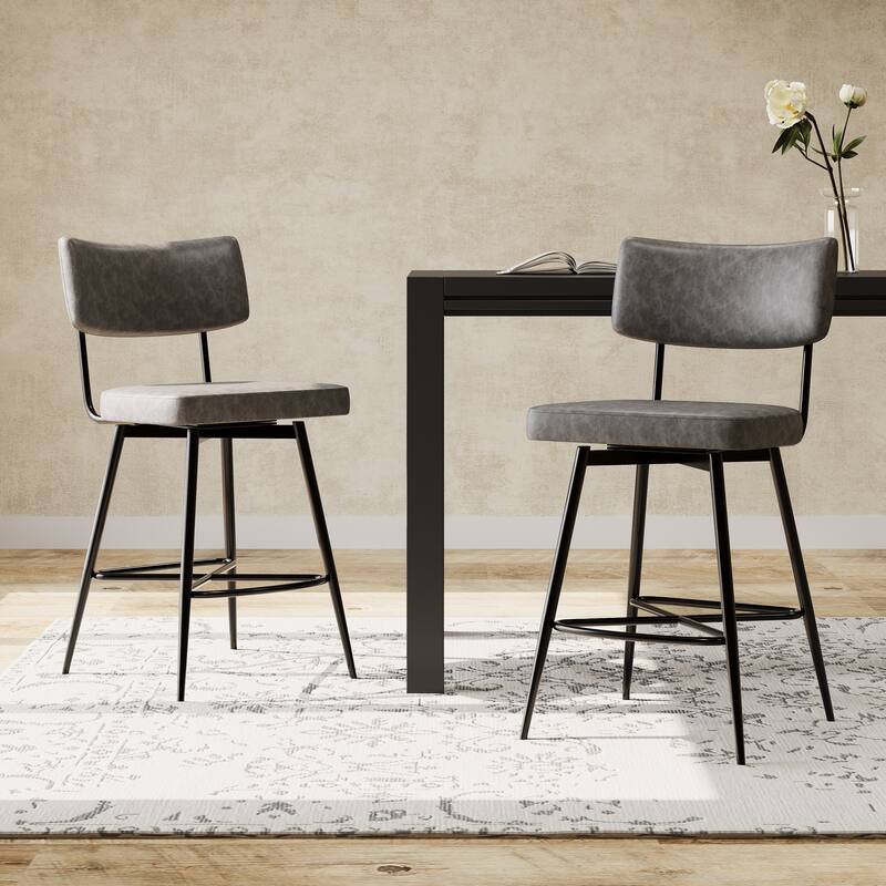 Roomfitters 26'' Retro Swivel Counter Stools, Set of 2 PU Leather Bar Chairs with Cushioned Seat and Iron Frame - Grey