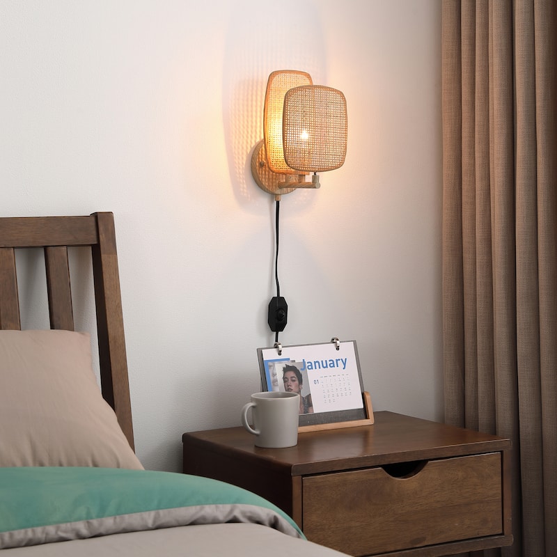 VidaLite Amud - Plug-In Swag Wall Sconce Lamp, 1-Light with Bamboo Wicker Panels wood Finish, Beige