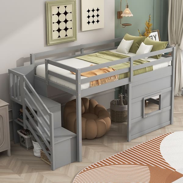slide 2 of 15, Twin Size Wood Loft Bed with Storage Staircase and Window, Grey Grey