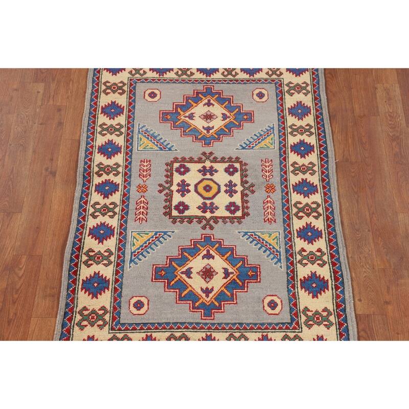 Gray Geometric Kazak Rug Handmade Foyer Wool Carpet - 2'9" x 4'1"