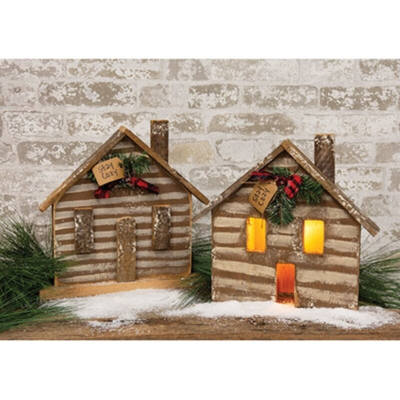 Rustic Wood Stay Cozy Cabin with Greenery and Plaid Bow - 13.5" x 13.75" x 2.75"
