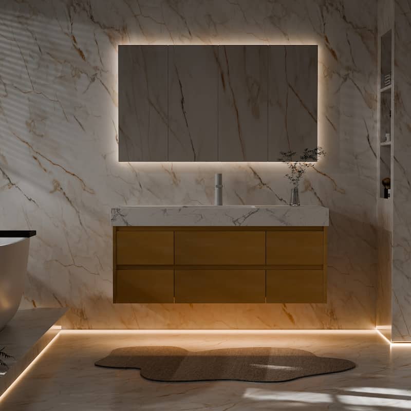 Modland 48" Wall-Mount Bathroom Vanity with 6 Soft-Close Drawers, LED Lighting & Marble Top - 48 inch