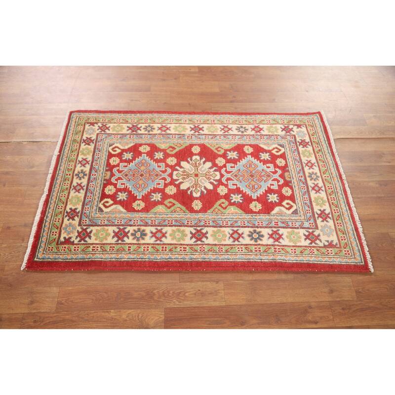 Kazak Accent Rug Hand-Knotted Geometric Wool Carpet - 2'8" x 4'0"