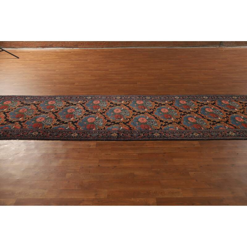 Hand Knotted Oriental 100% Wool Carpet Traditional All-Over Navy Blue & Blues Senneh Runner Rug - 19' 3'' X 3' 5''