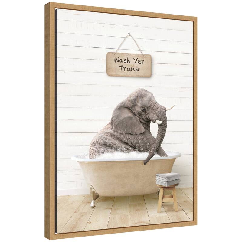 Kate and Laurel Sylvie Young Elephant in Modern Bathtub Wash Your Trunk Framed Canvas by Amy Peterson - Natural