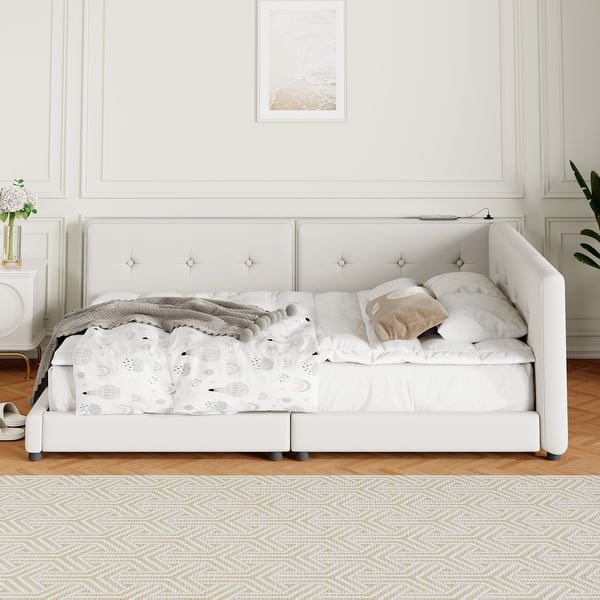 slide 2 of 21, Queen Size Upholstered Platform Bed with USB Ports, Sturdy Wood Frame, Beige Beige