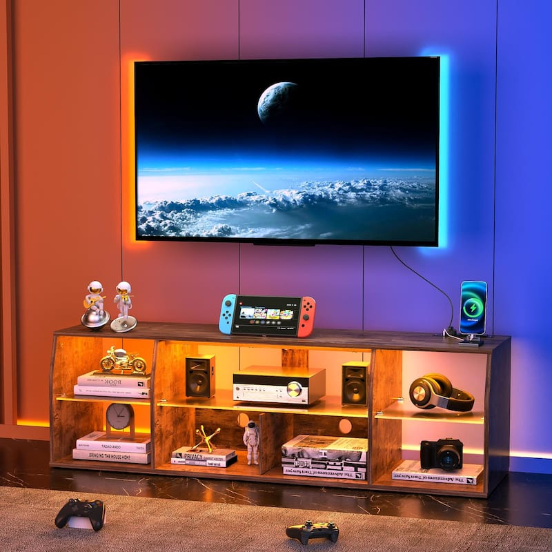 VECELO TV Stand with LED Light, Industrial Entertainment Center with 7 Open Storage - 55-Inch - Grey