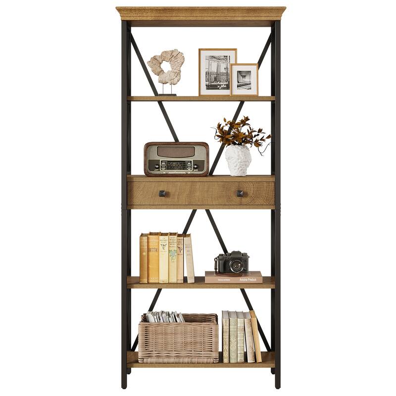 70.9" Tall Bookshelf with Drawers, Wood Metal Bookcase with Storage