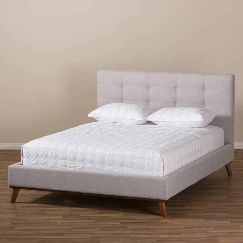 Queen Size Platform Bed - Modern Fabric Bed Frame with Wood Legs - Greyish Beige Bedroom Furniture