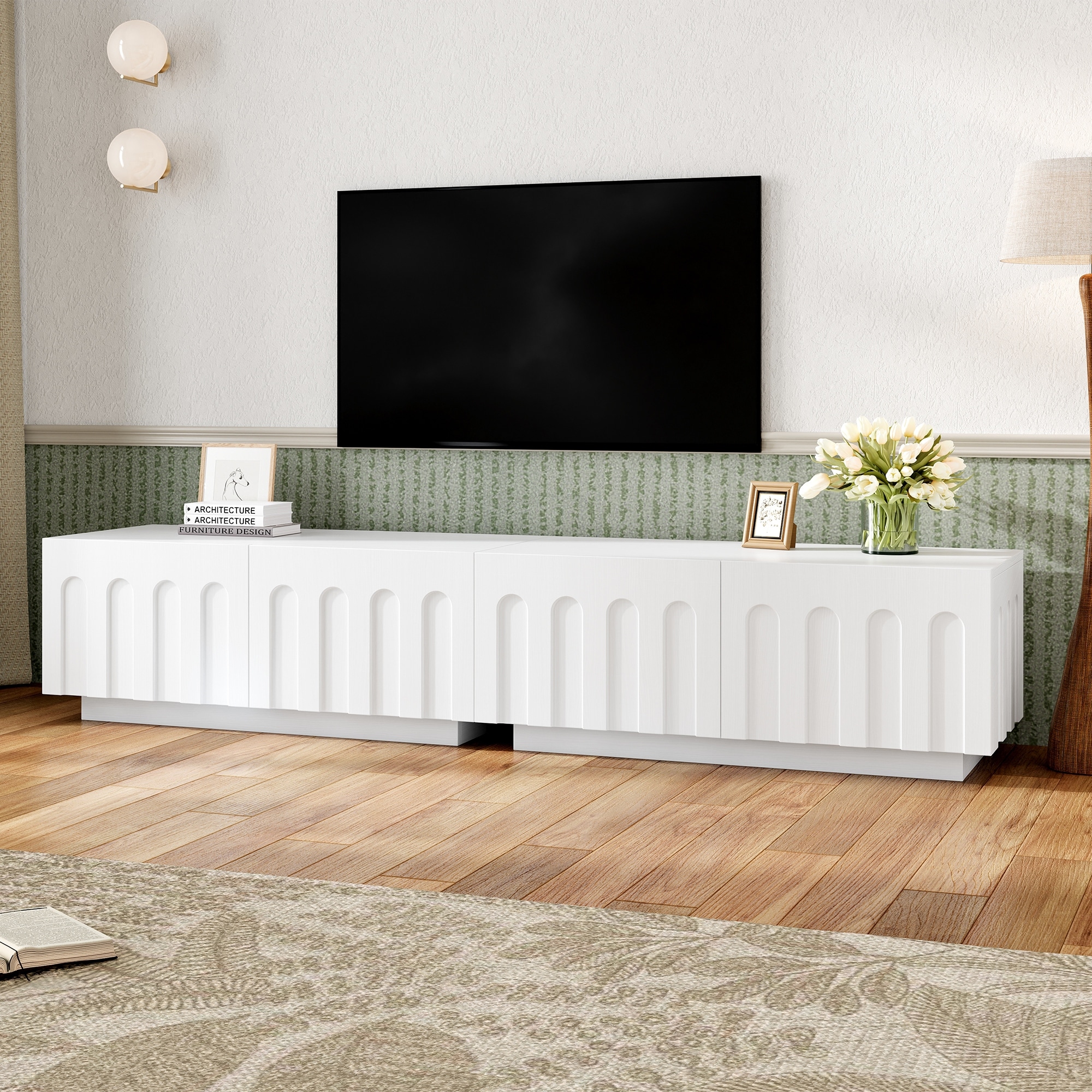 Elegant TV Stand with Arched Design for TVs Up to 80", Modern Dual Purpose Coffee Table with 4 Drawers