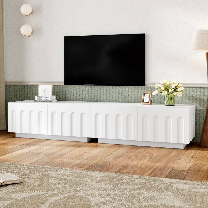Elegant TV Stand with Arched Design for TVs Up to 80", Modern Dual Purpose Coffee Table with 4 Drawers - White