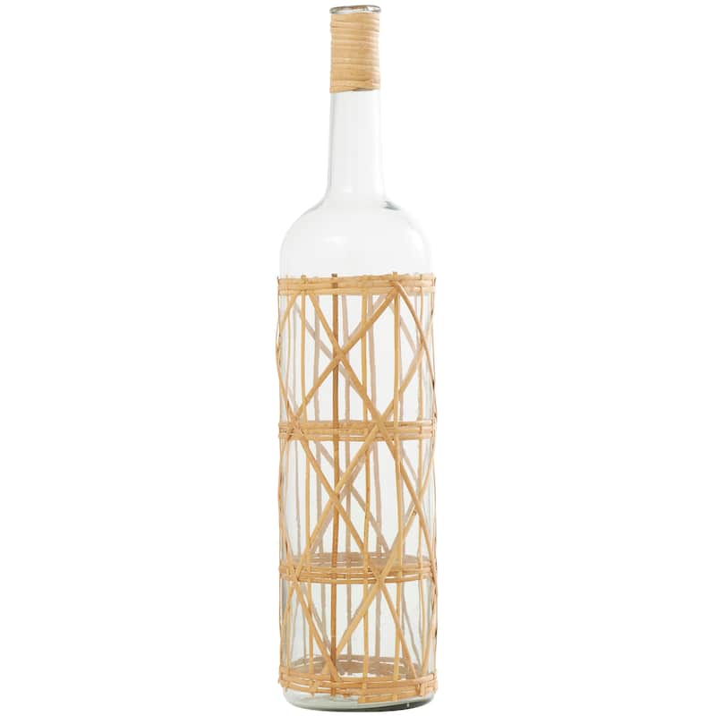 Clear Glass Handmade Tall Vase with Light Brown Rattan Woven Body and Neck