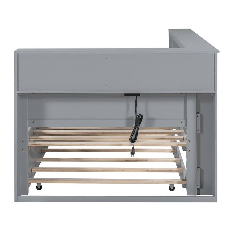 Wood Twin/Full Size DayBed with Twin Trundle, Storage Shelf and USB Charging Ports